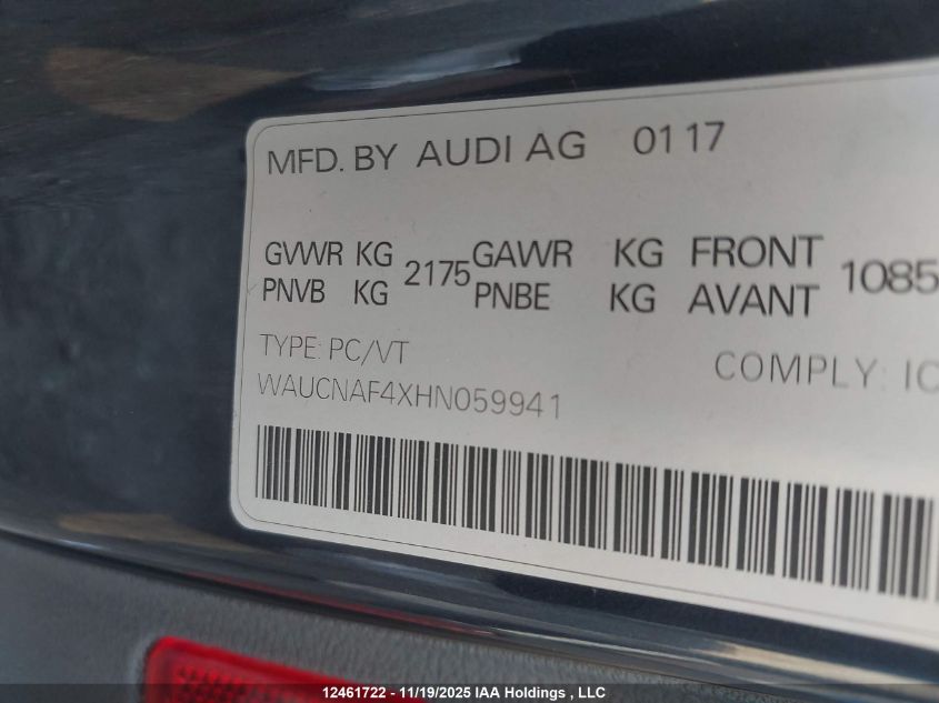 2017 Audi A4 Technik VIN: WAUCNAF4XHN059941 Lot: 12461722