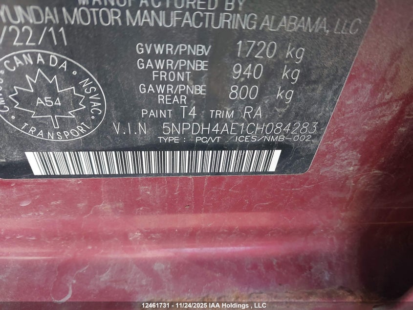 2012 Hyundai Elantra Gl VIN: 5NPDH4AE1CH084283 Lot: 12461731