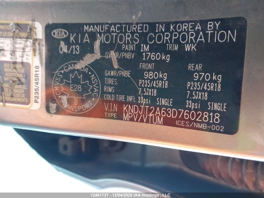 2013 Kia Soul VIN: KNDJT2A63D7602818 Lot: 12461737