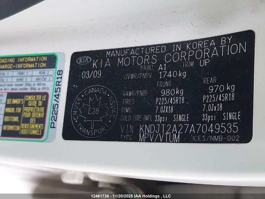 2010 Kia Soul 2.0L 2U/2.0L 4U/2.0L 4U Burner/2.0L 4U Retro/2.0L 4U Sx VIN: KNDJT2A27A7049535 Lot: 12461738