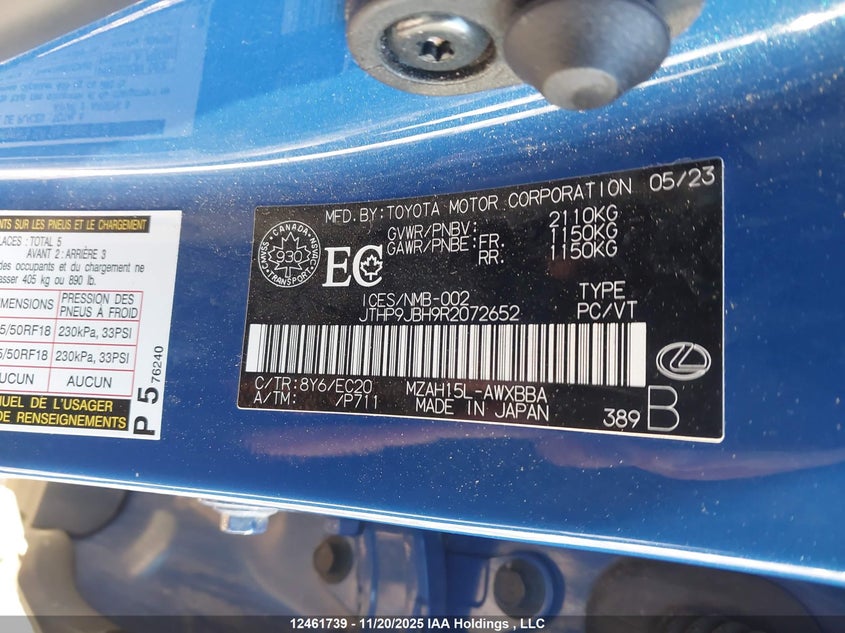 2024 Lexus Ux 250H Premium/250H F Sport Design/250H F Sport Handling VIN: JTHP9JBH9R2072652 Lot: 12461739