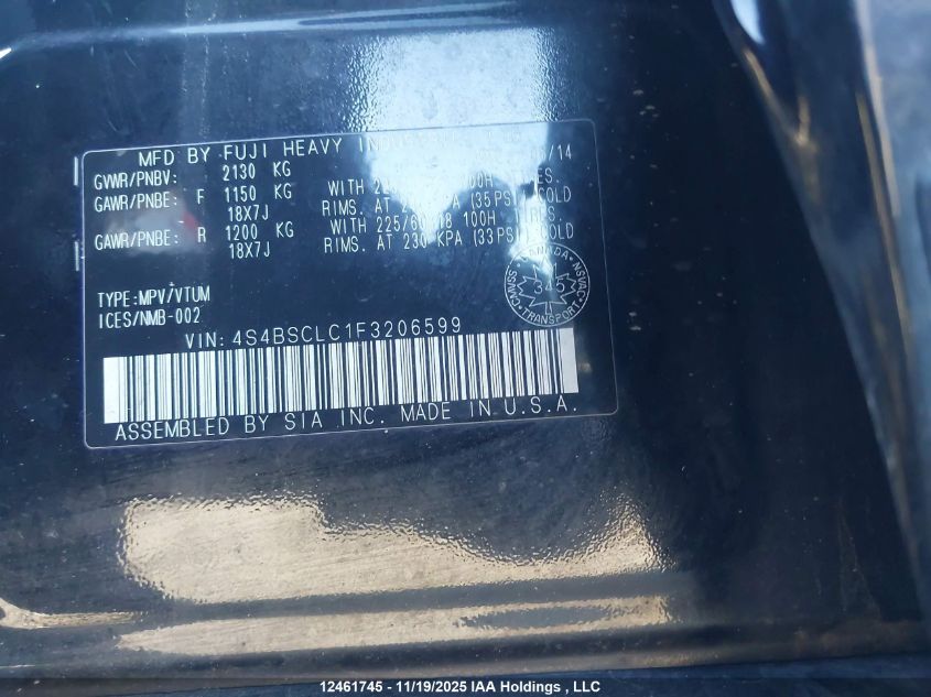 2015 Subaru Outback 2.5I Limited Package VIN: 4S4BSCLC1F3206599 Lot: 12461745