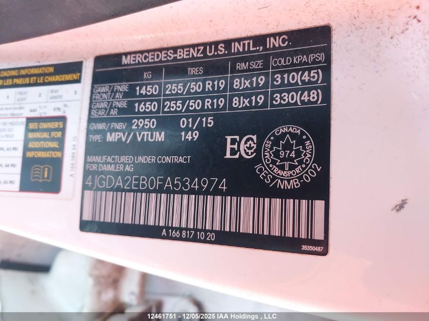 2015 Mercedes-Benz Ml 350 Bluetec 4Matic VIN: 4JGDA2EB0FA534974 Lot: 12461751