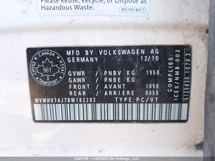 2011 Volkswagen Golf Gti 5-Door VIN: WVWHV7AJ7BW182283 Lot: 12461758