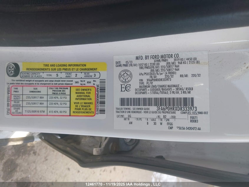 2013 Ford Fusion Se VIN: 3FA6P0HRXDR333973 Lot: 12461770