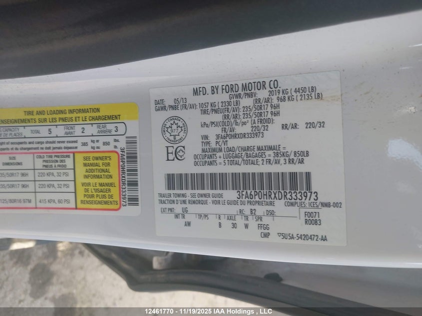 2013 Ford Fusion Se VIN: 3FA6P0HRXDR333973 Lot: 12461770