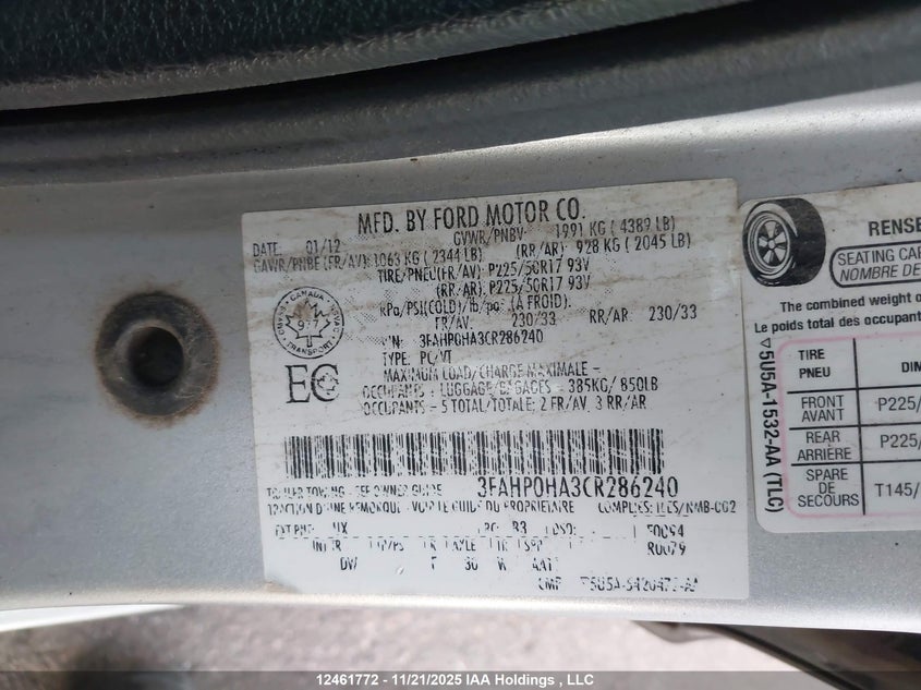 2012 Ford Fusion Se VIN: 3FAHP0HA3CR286240 Lot: 12461772