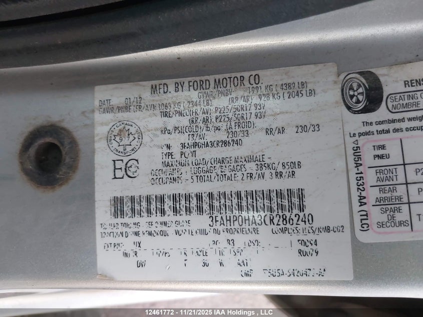 2012 Ford Fusion Se VIN: 3FAHP0HA3CR286240 Lot: 12461772