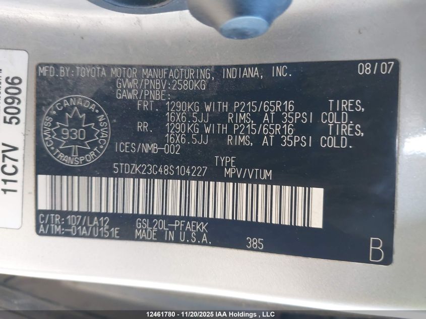 2008 Toyota Sienna Le 7 Passenger VIN: 5TDZK23C48S104227 Lot: 12461780