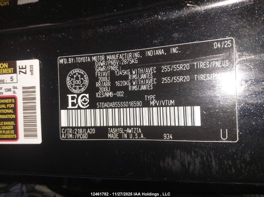 2025 Toyota Grand Highlander Hybrid Platinum Max VIN: 5TDADAB55SS016590 Lot: 12461782