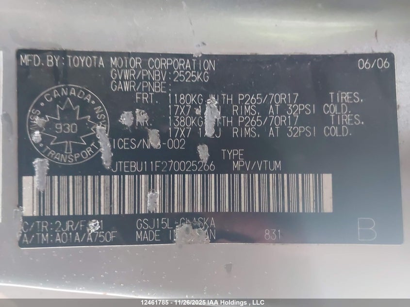 JTEBU11F270025266 2007 TOYOTA FJ CRUISER photo no. 9