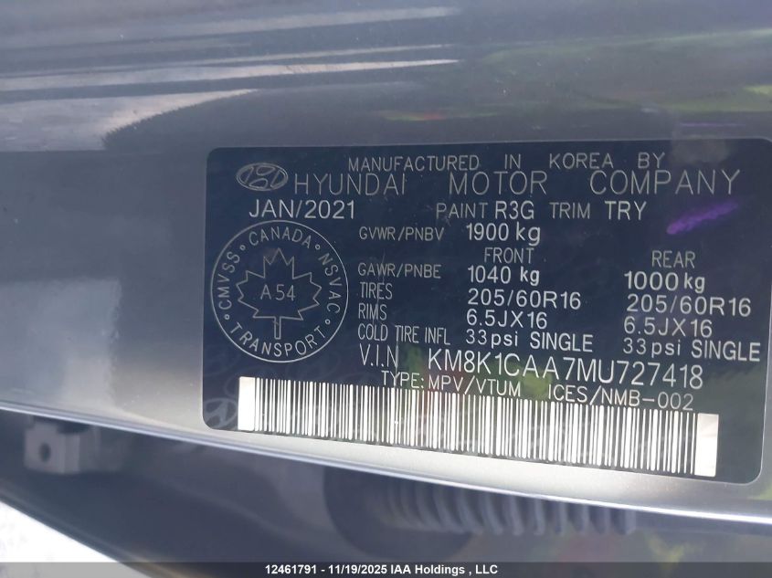2021 Hyundai Kona Se VIN: KM8K1CAA7MU727418 Lot: 12461791