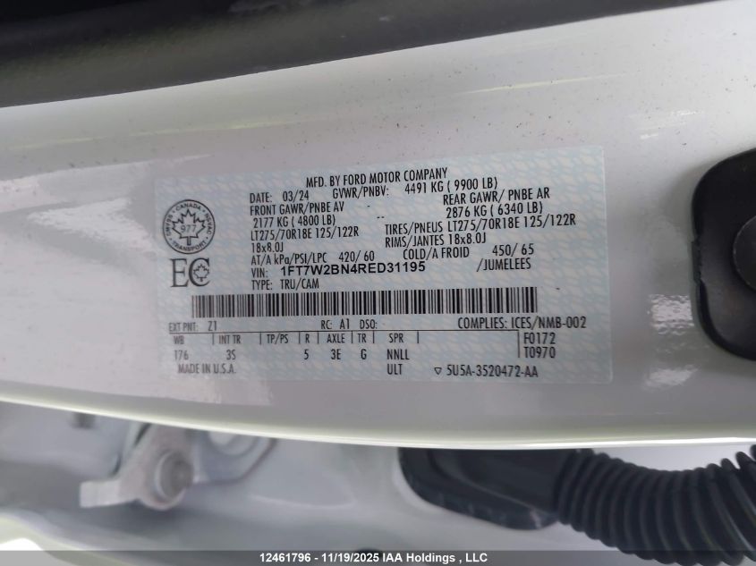 2024 Ford F250 Super Duty VIN: 1FT7W2BN4RED31195 Lot: 12461796