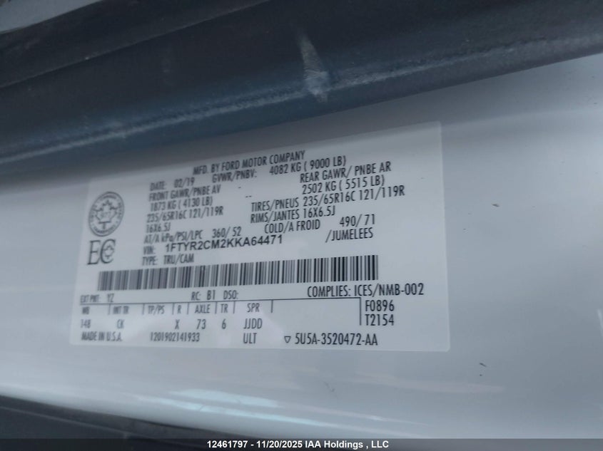 2019 Ford Transit T-250 VIN: 1FTYR2CM2KKA64471 Lot: 12461797
