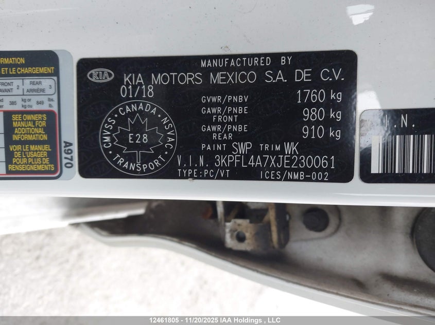 2018 Kia Forte VIN: 3KPFL4A7XJE230061 Lot: 12461805