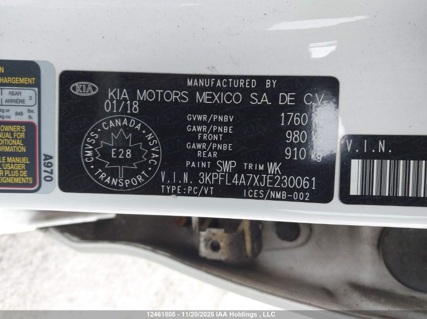 2018 Kia Forte VIN: 3KPFL4A7XJE230061 Lot: 12461805