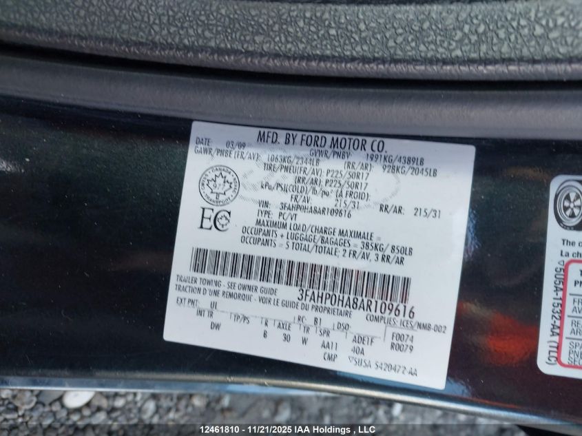 2010 Ford Fusion VIN: 3FAHP0HA8AR109616 Lot: 12461810