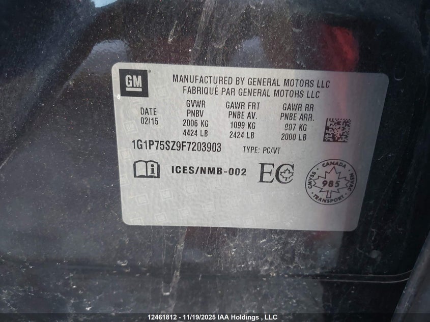 2015 Chevrolet Cruze VIN: 1G1P75SZ9F7203903 Lot: 12461812
