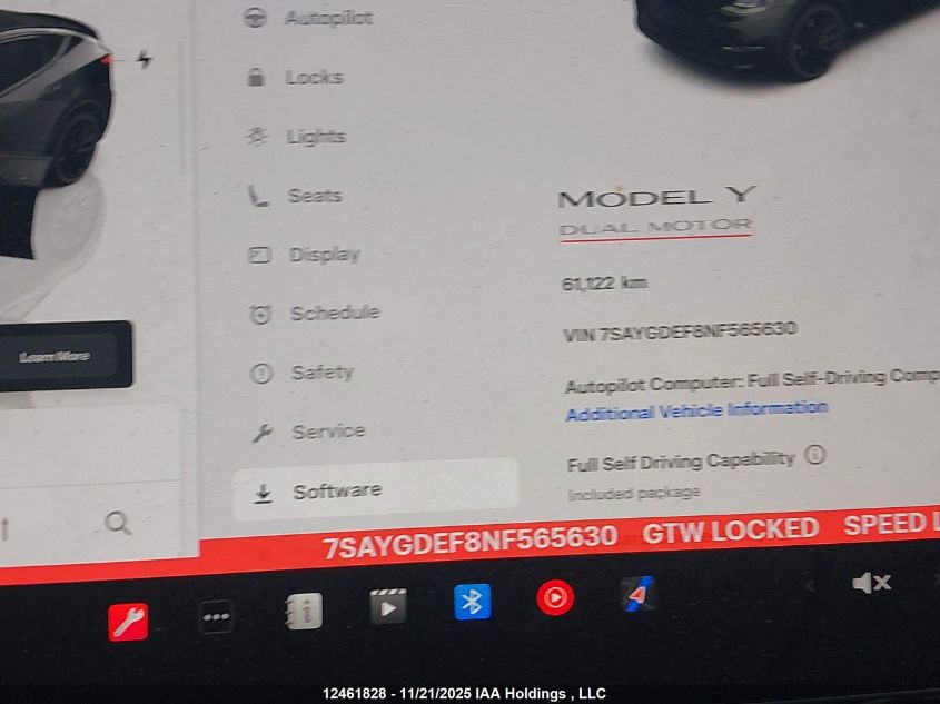 2022 Tesla Model Y Performance VIN: 7SAYGDEF8NF565630 Lot: 12461828