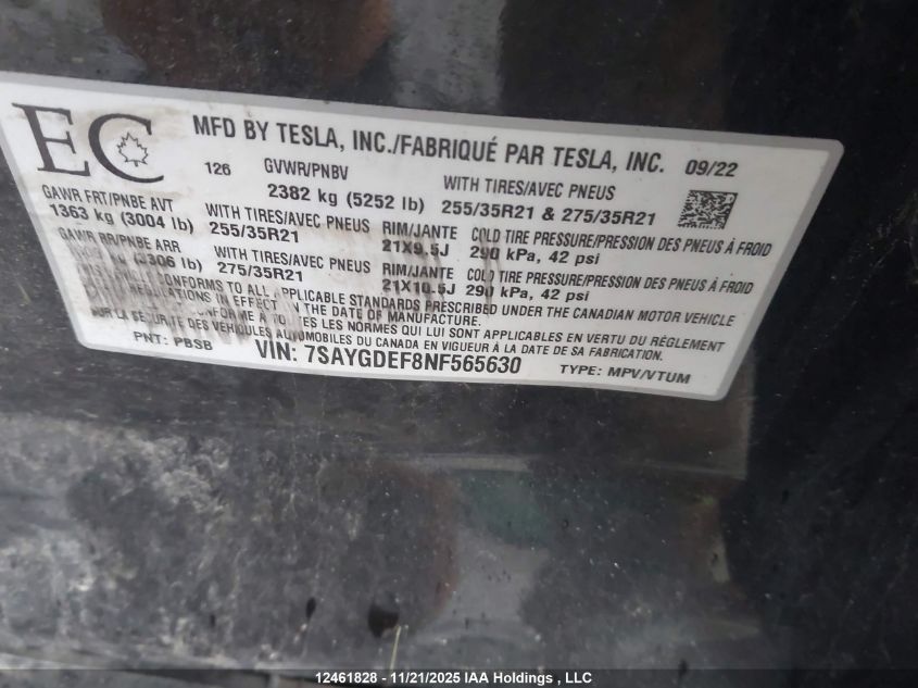2022 Tesla Model Y Performance VIN: 7SAYGDEF8NF565630 Lot: 12461828