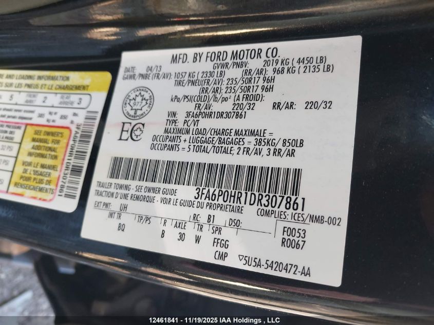 2013 Ford Fusion Se VIN: 3FA6P0HR1DR307861 Lot: 12461841