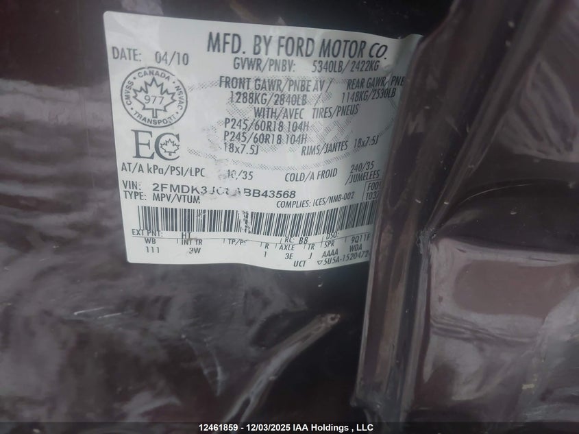 2FMDK3JC8ABB43568 2010 FORD EDGE photo no. 9