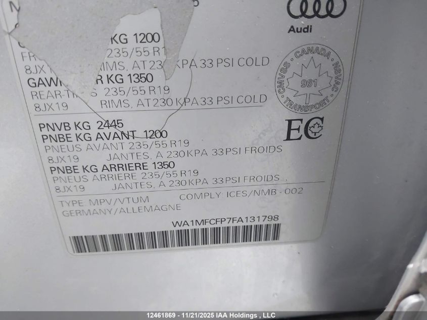 2015 Audi Q5 Progressiv VIN: WA1MFCFP7FA131798 Lot: 12461869