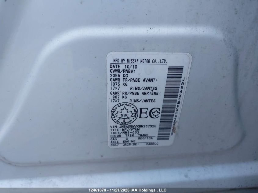 2011 Nissan Rogue S/Sv/Krom VIN: JN8AS5MVXBW267328 Lot: 12461870