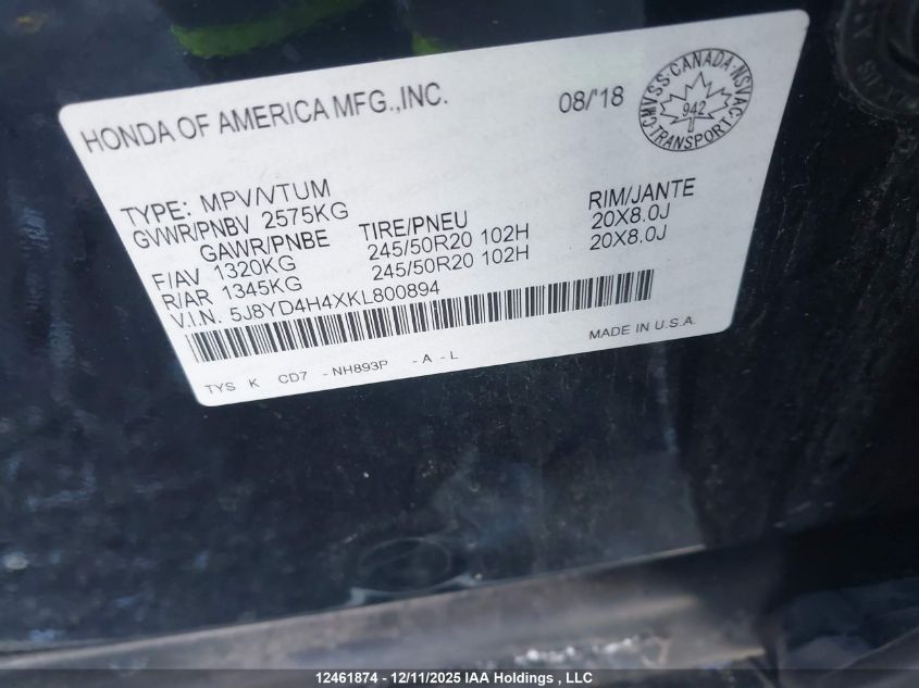 2019 Acura Mdx VIN: 5J8YD4H4XKL800894 Lot: 12461874