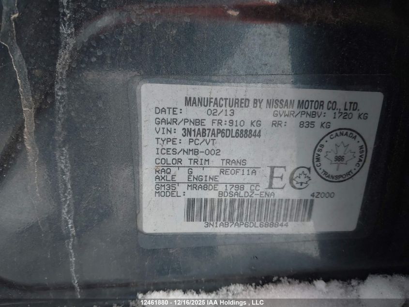 2013 Nissan Sentra S/Sv/Sr/Sl VIN: 3N1AB7AP6DL688844 Lot: 12461880
