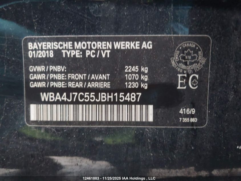 2018 BMW 440I Gran Coupe xDrive VIN: WBA4J7C55JBH15487 Lot: 12461883
