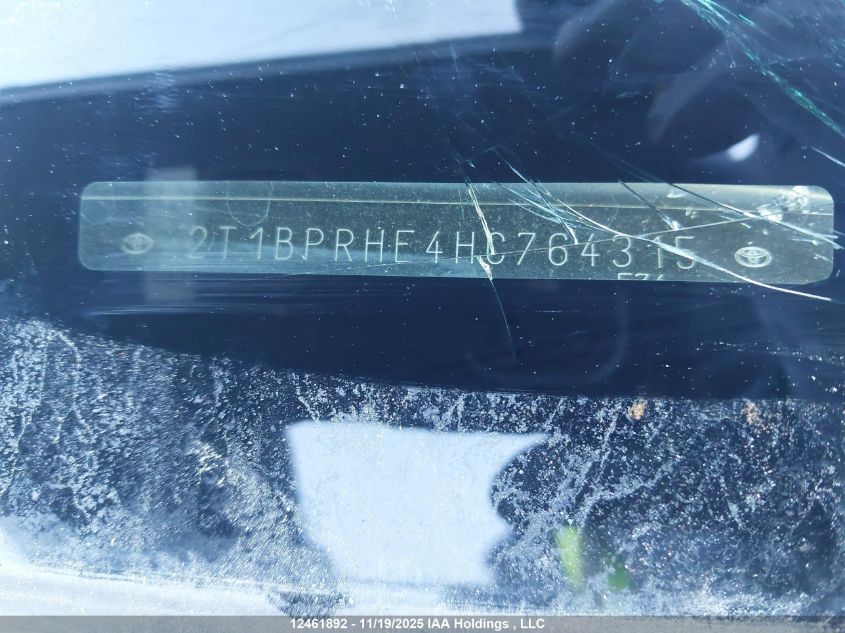 2017 Toyota Corolla Le Eco VIN: 2T1BPRHE4HC764315 Lot: 12461892