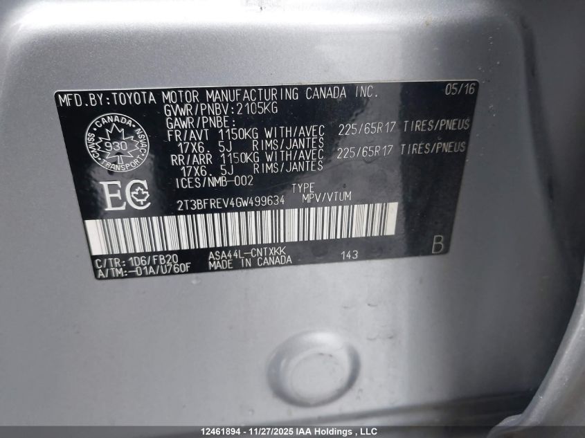 2016 Toyota Rav4 Le VIN: 2T3BFREV4GW499634 Lot: 12461894