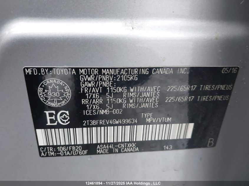 2016 Toyota Rav4 Le VIN: 2T3BFREV4GW499634 Lot: 12461894