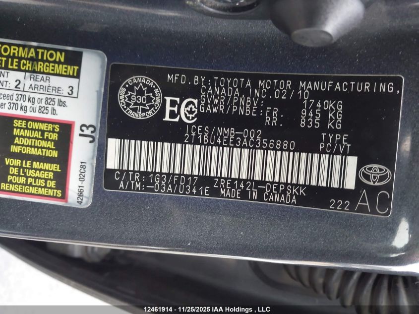 2010 Toyota Corolla VIN: 2T1BU4EE3AC356880 Lot: 12461914