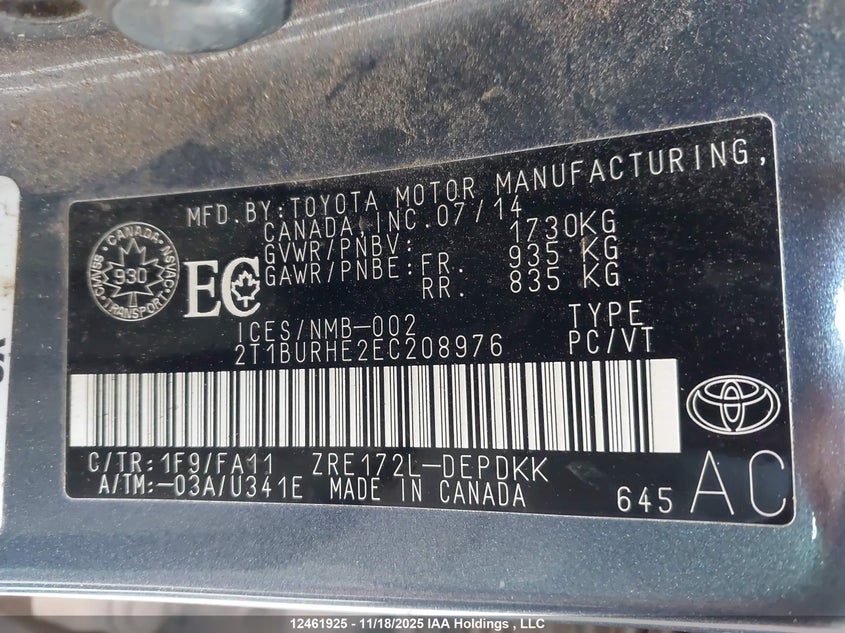 2T1BURHE2EC208976 2014 TOYOTA COROLLA photo no. 9