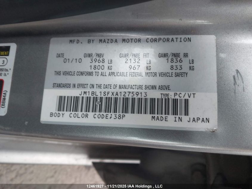 2010 Mazda Mazda3 Gs/Gx VIN: JM1BL1SFXA1275913 Lot: 12461927