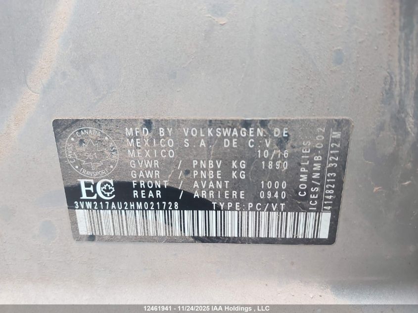 2017 Volkswagen Golf 1.8 Tsi Comfortline/1.8 Tsi Highline/1.8 Tsi Trendline VIN: 3VW217AU2HM021728 Lot: 12461941