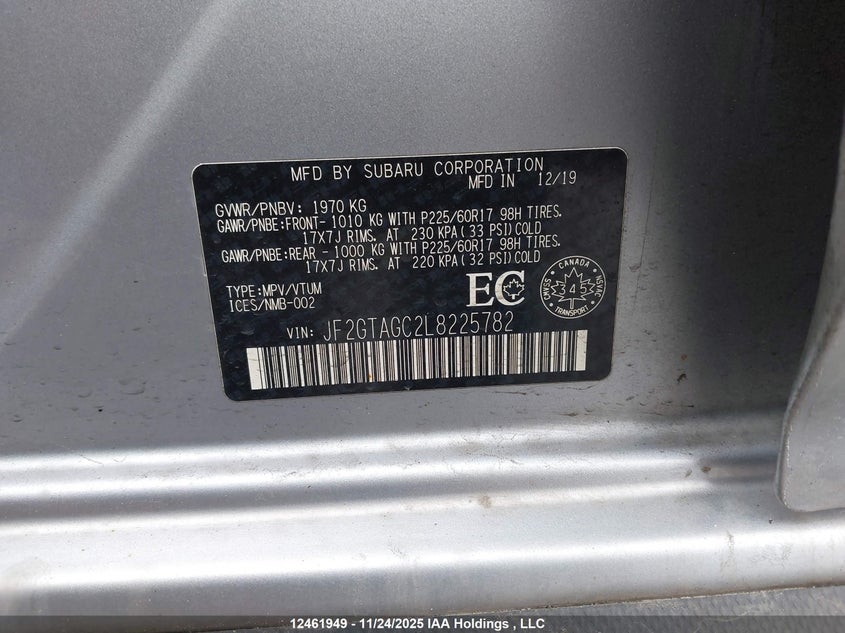 2020 Subaru Crosstrek Premium VIN: JF2GTAGC2L8225782 Lot: 12461949