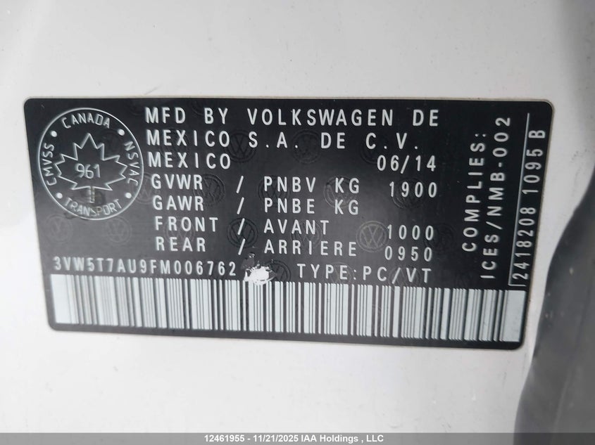 2015 Volkswagen Golf Gti 5-Door Autobahn VIN: 3VW5T7AU9FM006762 Lot: 12461955