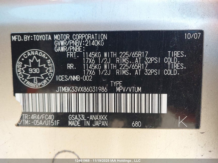 2008 Toyota Rav4 VIN: JTMBK33VX86031986 Lot: 12461968