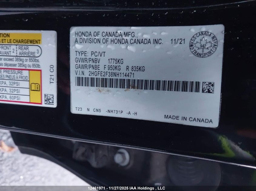 2022 Honda Civic Ex VIN: 2HGFE2F38NH114471 Lot: 12461971