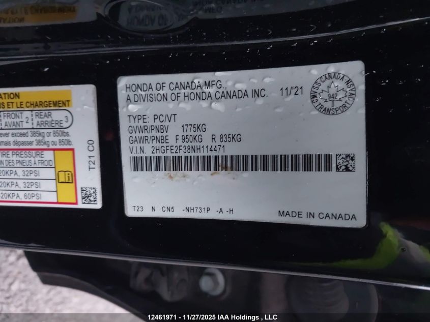 2022 Honda Civic Ex VIN: 2HGFE2F38NH114471 Lot: 12461971