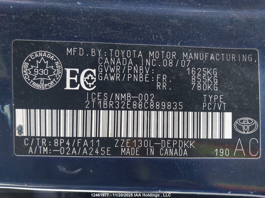 2008 Toyota Corolla VIN: 2T1BR32E88C889835 Lot: 12461977