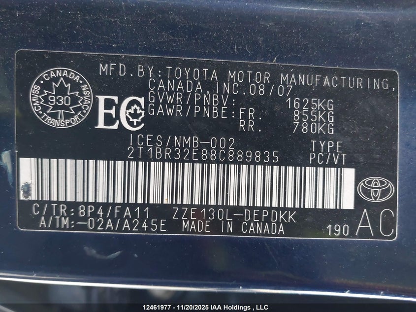 2008 Toyota Corolla VIN: 2T1BR32E88C889835 Lot: 12461977