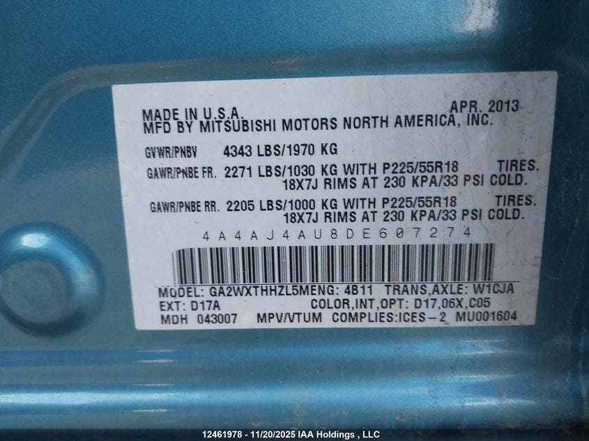 2013 Mitsubishi Rvr Gt VIN: 4A4AJ4AU8DE607274 Lot: 12461978