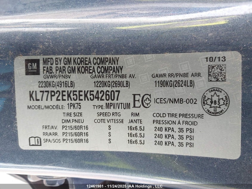 2014 Chevrolet Orlando Lt VIN: KL77P2EK5EK542607 Lot: 12461981