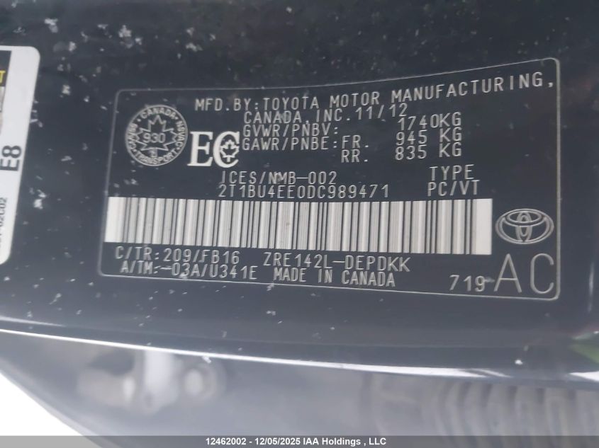 2013 Toyota Corolla Ce VIN: 2T1BU4EE0DC989471 Lot: 12462002