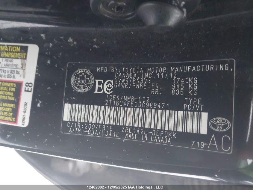 2013 Toyota Corolla Ce VIN: 2T1BU4EE0DC989471 Lot: 12462002