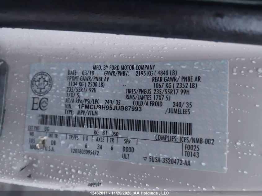 2018 Ford Escape Sel VIN: 1FMCU9H95JUB87993 Lot: 12462011